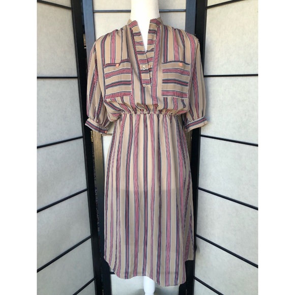 Vintage Dresses & Skirts - Vintage Sheer Beige Stripe Tunic Dress Medium